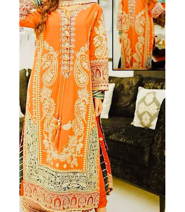 Stitched embroidered pakistani orange dress